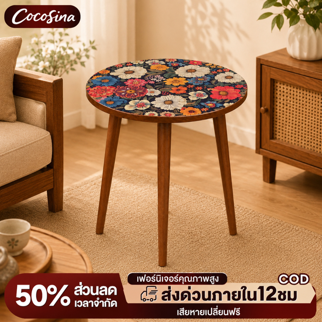 COS โต๊ะกลางโซฟาลายจีน 40x40x55 ซม. แต่งบ้านง่าย สไตล์จีนร่วมสมัย สไตล์