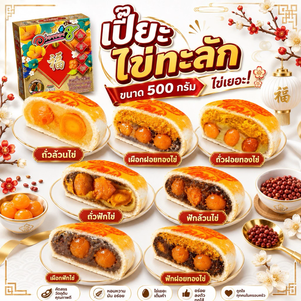 [ส่งด่วนส่งไว]อร่อยซอย 8 รุ่นไข่ทะลักหนัก 500 กรัม ไข่แดง 5 ใบ รุ่นทุเรียนไข่ 3 ใบ