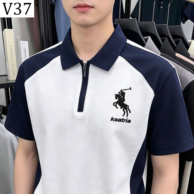 เสื้อโปโลแขนสั้นผู้ชาย ลายทางแนวตั้ง ผลิตจากผ้าที่สวมใส่สบาย