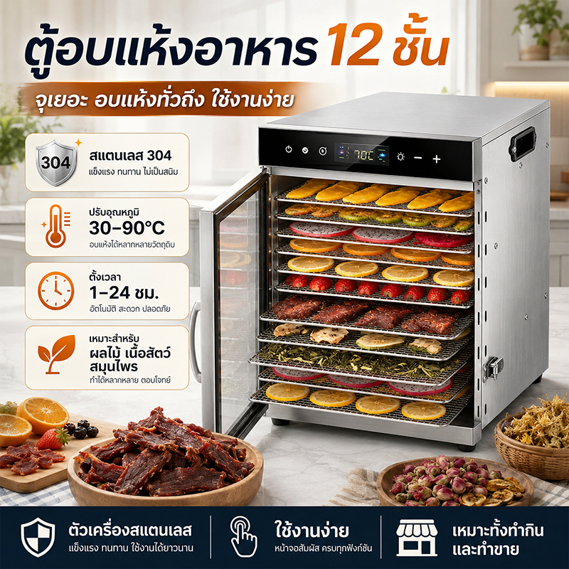ตู้อบแห้งอาหาร 12 ชั้น 800W สแตนเลส 304 เครื่องอบผลไม้ เครื่องอบเนื้อแห้ง สมุนไพร 30-90°C