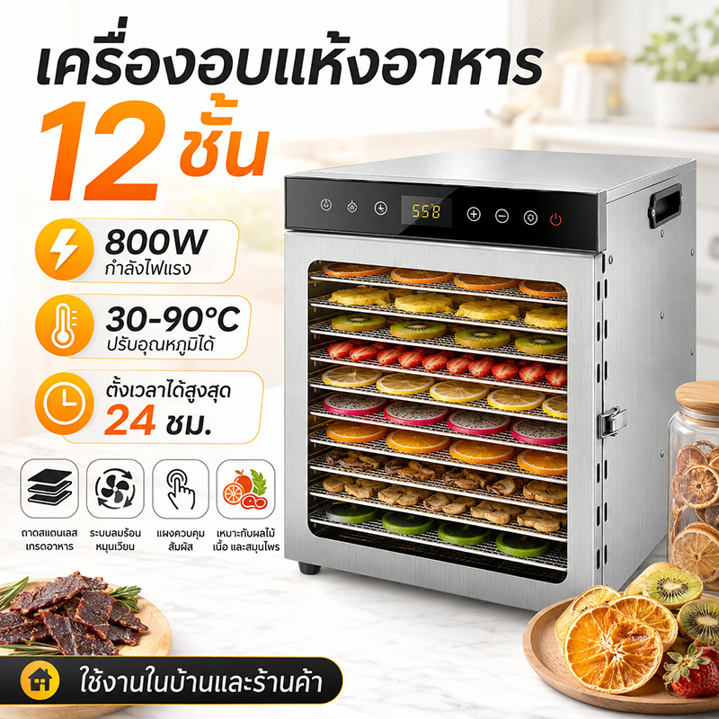 เครื่องอบแห้งอาหาร 800W 12 ชั้น เครื่องอบผลไม้ อบเนื้อ สแตนเลส 304 ตั้งเวลาได้ จอสัมผัส