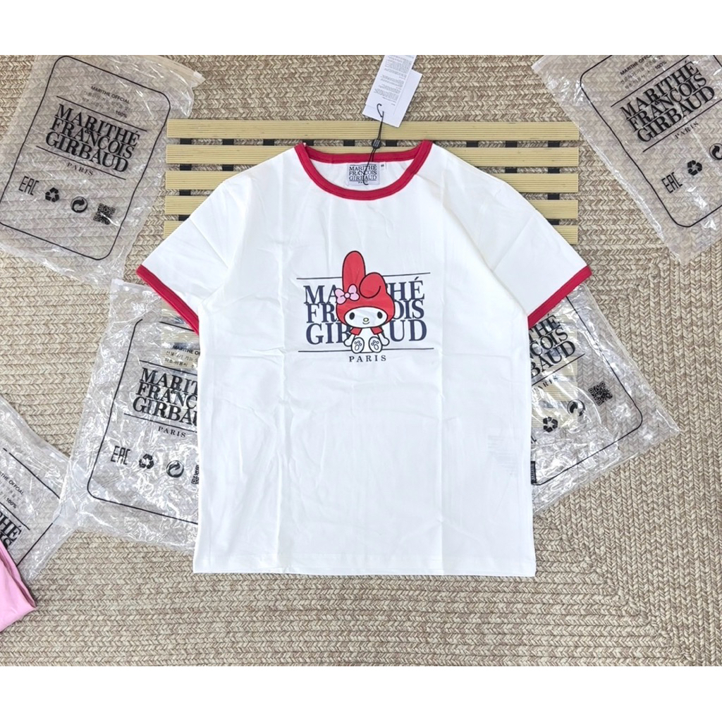 พร้อมส่ง (1-2วัน) เสื้อ Mari.thee. x My Mel.ody Ringer Cotton Tee (ขาว/ชมพู)