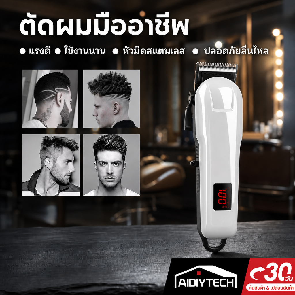 ปัตตาเลี่ยนตัดผม ปัตตาเลี่ยนไร้สาย เครื่องตัดผม โกนหนวด จอดิจิตอลบอกแบต % ไม่ดึงผม ชาร์จ USB ครบเซ็ต [ส่งด่วน]