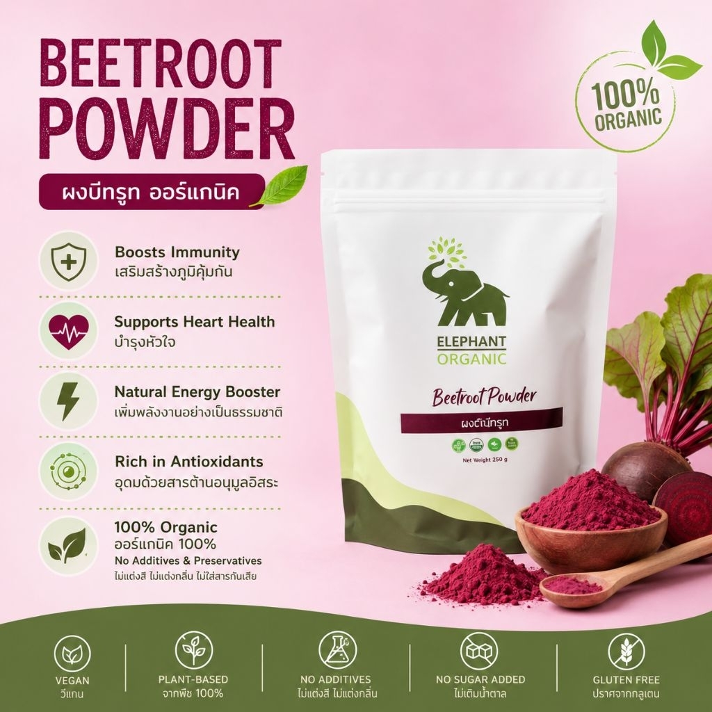 ผงบีทรูทแท้ 100% ไม่ผสมน้ำตาล 250g Organic Beetroot Powder/Air Dried / pre-workout / FDA approved