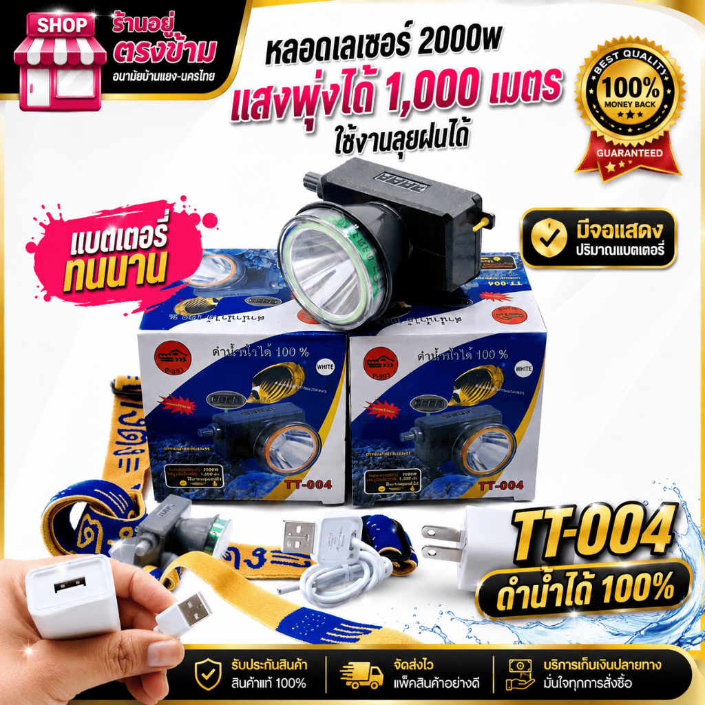ไฟฉายคาดหัว ตรา ตงตงTT-004 มีจอแสดงปริมาณแบตเตอร์รี ใช้ส่องสัตว์ กรีดยาง ดำน้ำได้ ส่องกบ ให้แสงสว่างในที่มืด ทนทาน