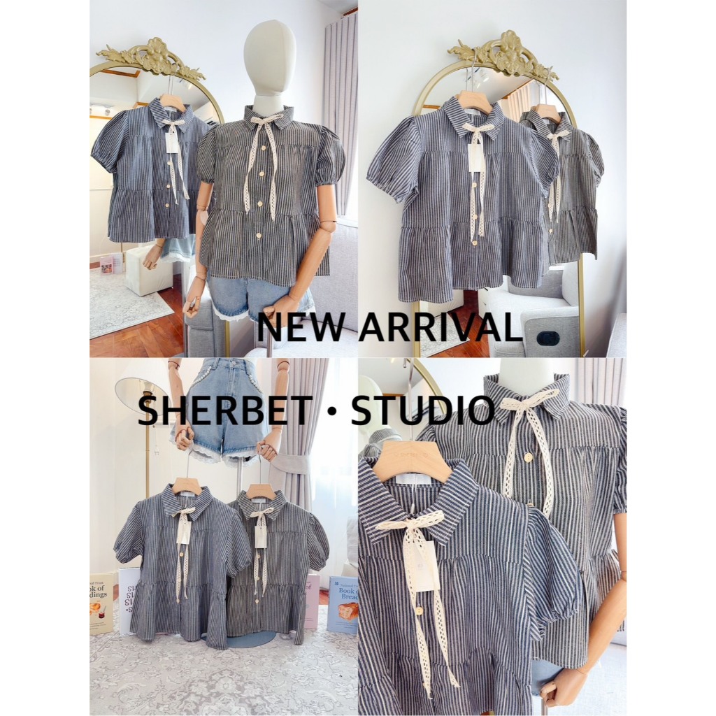 ป้าย Sherbet เสื้อผ้ายีนส์ลายริ้วแขนตุ๊กตาเย็บต่อเป็นชั้น ๆ ทรงน่ารัก อก 38 นิ้ว ยาว 22 นิ้ว