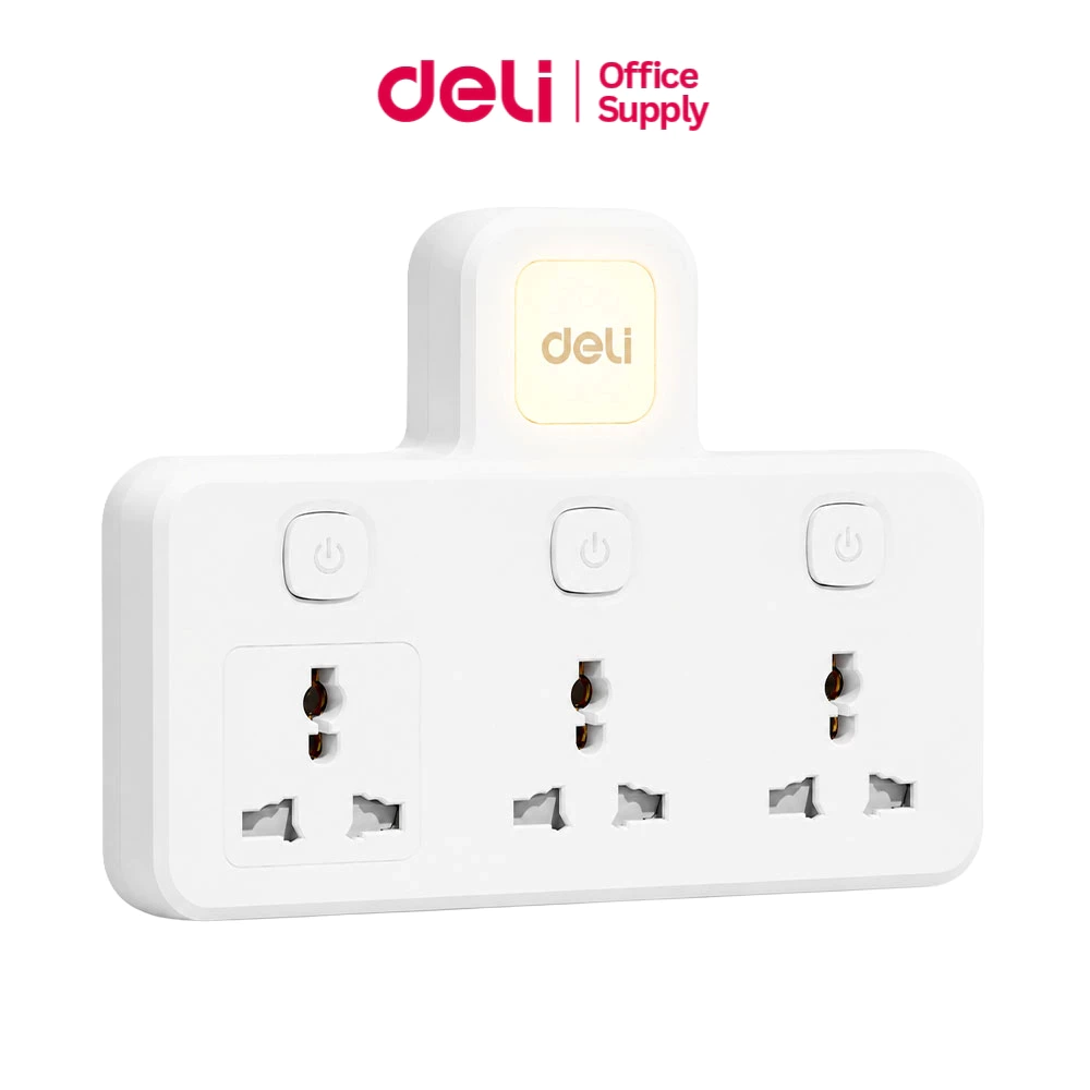 Deli อะแดปเตอร์ ปลั๊กแปลง กำลังไฟ 10A 2500W มีไฟในตัว ทนความร้อนได้ 750องศา Universal Adapter