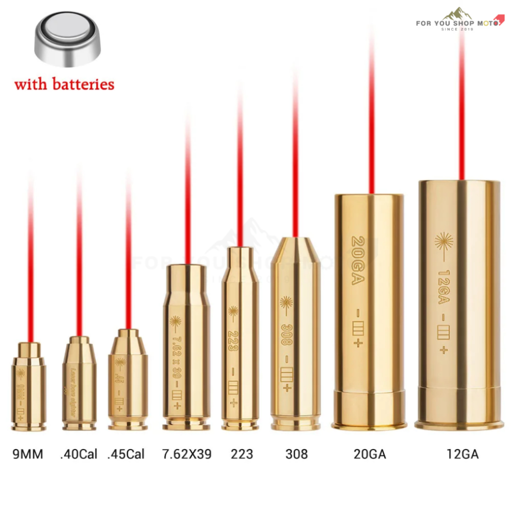 เลเซอร์ตั้งศูนย์ลำกล้อง Boresighter สีแดง .223 / 5.56 / 9mm / .308 / 7.62 / .45 / 30-06 ตัวเรือนทองเหลือง พร้อมแบตเตอรี่