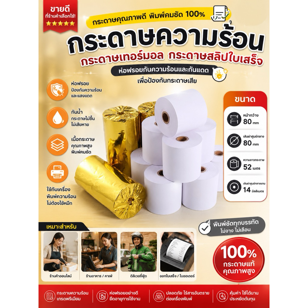 กระดาษใบเสร็จกระดาษความร้อน80x80mmพร้อมส่ง