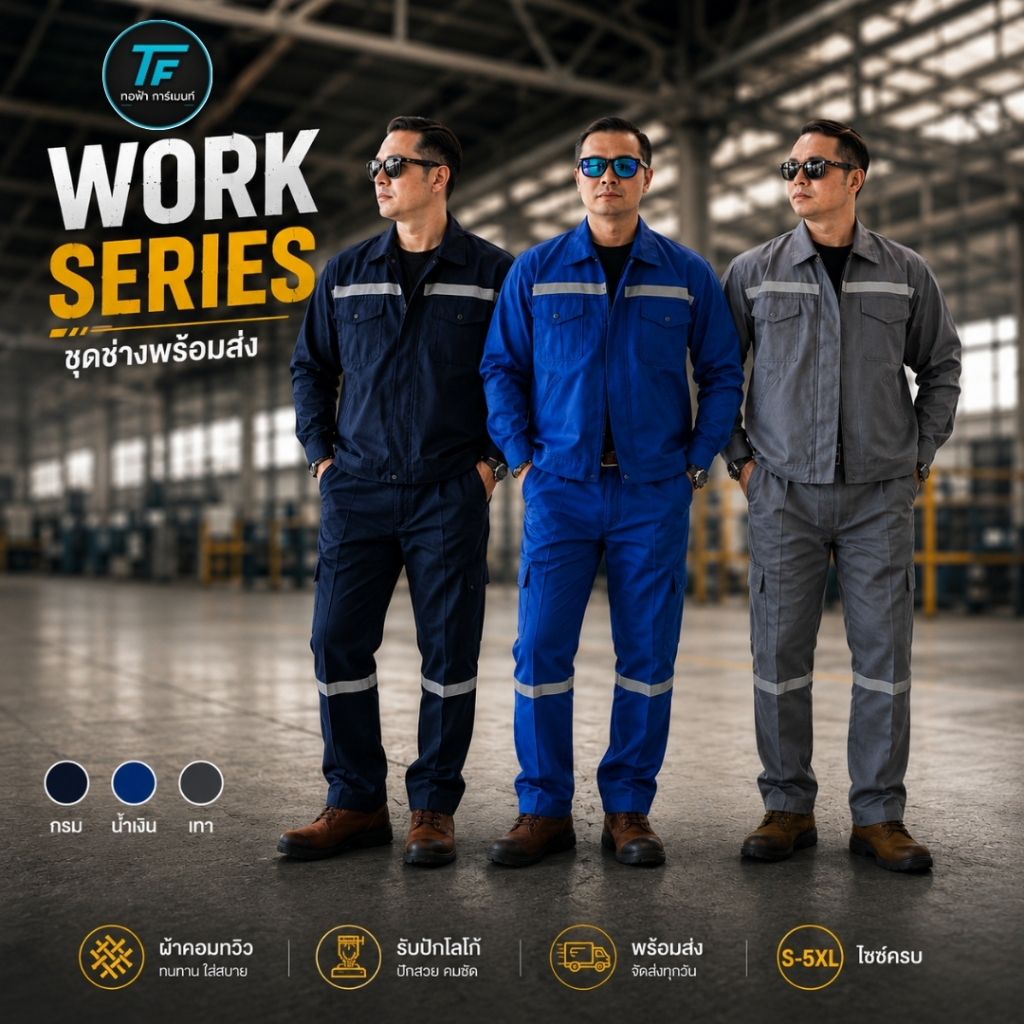 [พร้อมส่ง] ชุดช่าง WORK SERIES เสื้อแจ็คเก็ต+กางเกง 4 กระเป๋า ผ้าคอมทวิว แถบสะท้อนแสง มี 3สี