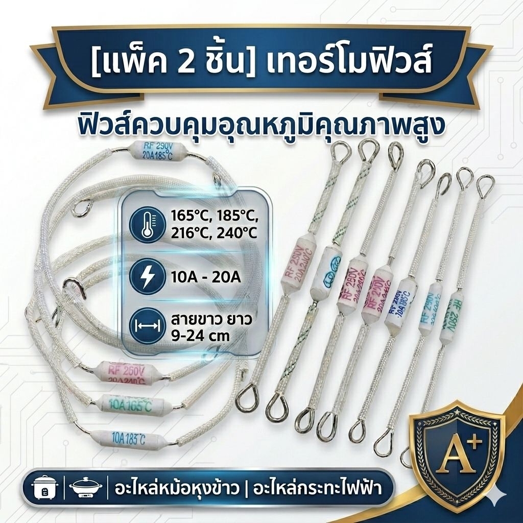[แพ็ค 2 ชิ้น] เทอร์โมฟิวส์ ฟิวส์ควบคุมอุณหภูมิ 165°C,185°C,216°C,240°C10A-20A ขายาว 9- 24cm  อะไหล่เกรด A