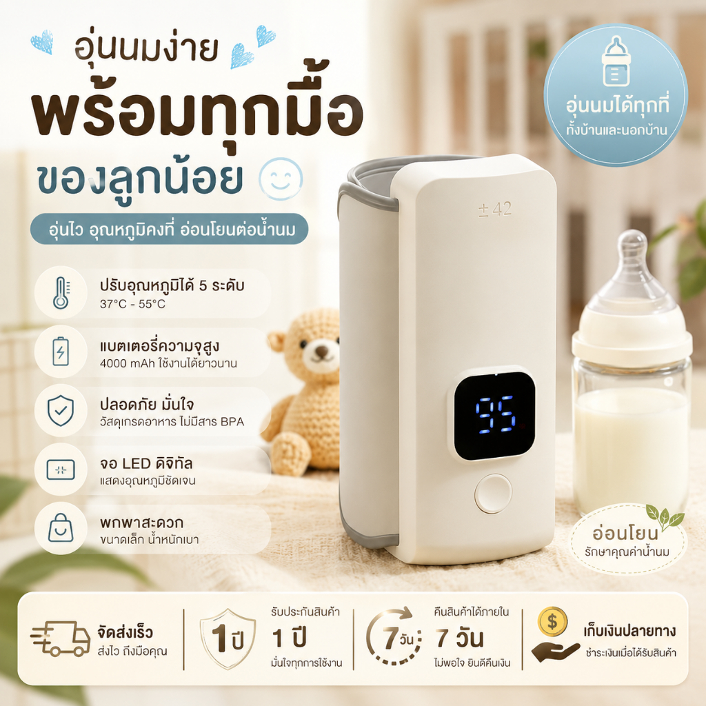 เครื่องอุ่นขวดนมแบบพกพา USB 6 ระดับอุณหภูมิ พร้อมกระเป๋าอุ่น Milk Water Warmer สำหรับ Baby Nursing Bottle