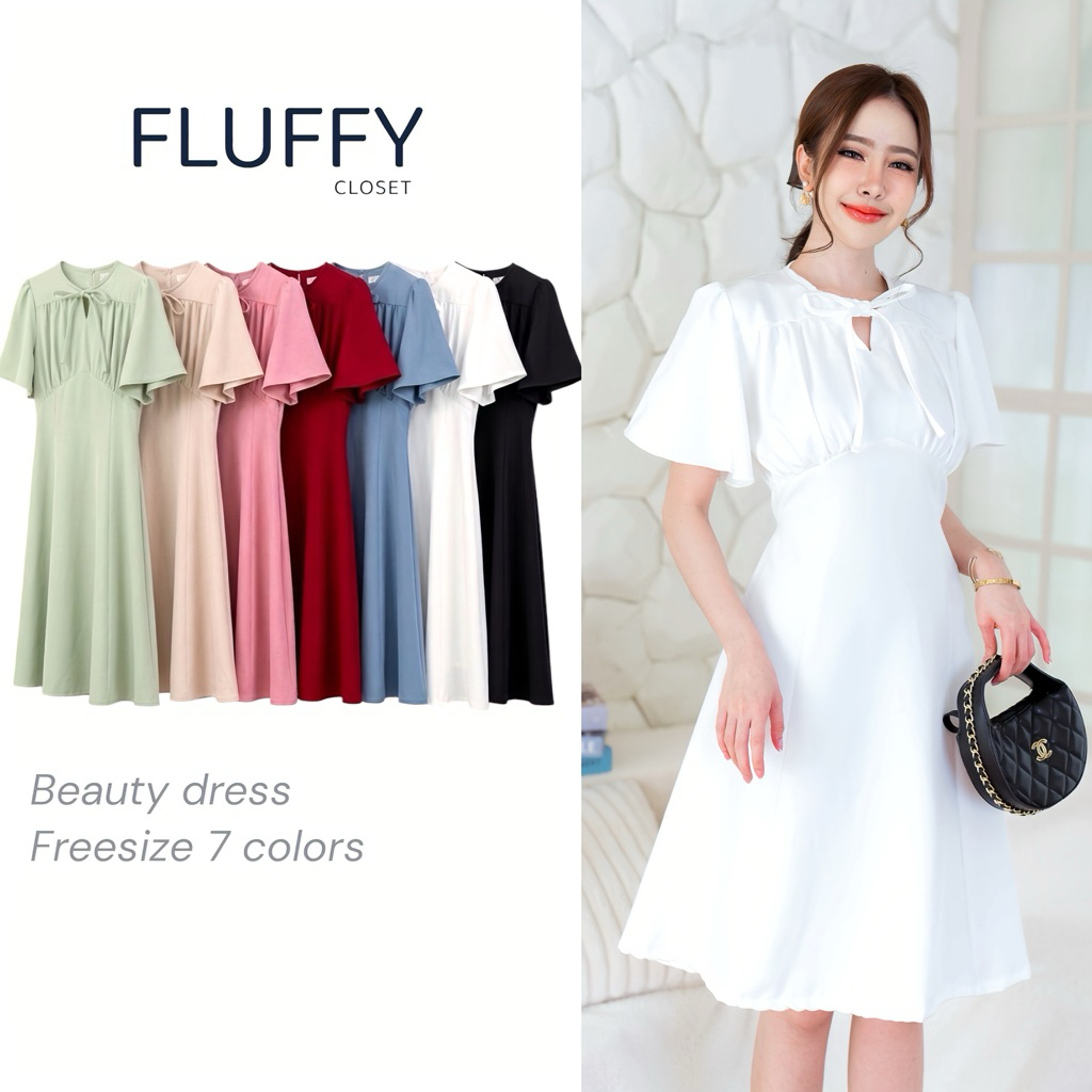 Beauty dress เดรสคอผูกโบว์ ย่นหน้า ป้าย VERA