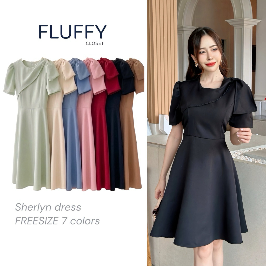 SHERLYN DRESS  เดรสออกงานโบว์ข้าง กระโปรงชายบาน ป้าย VERA