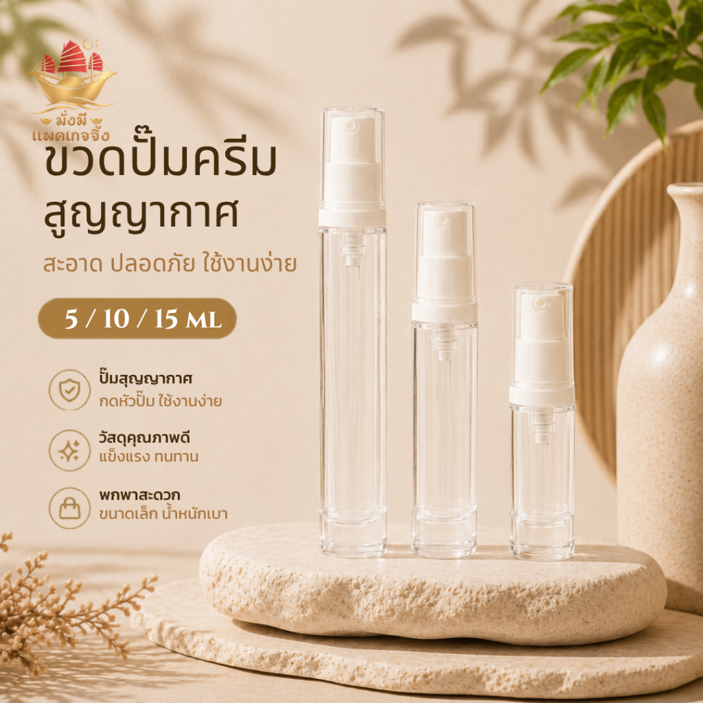 ขวดปั๊มสูญญากาศ 5/10/15ml ขวดพลาสติกAS ขวดครีม ใส่โลชั่น เซรั่ม เครื่องสำอาง