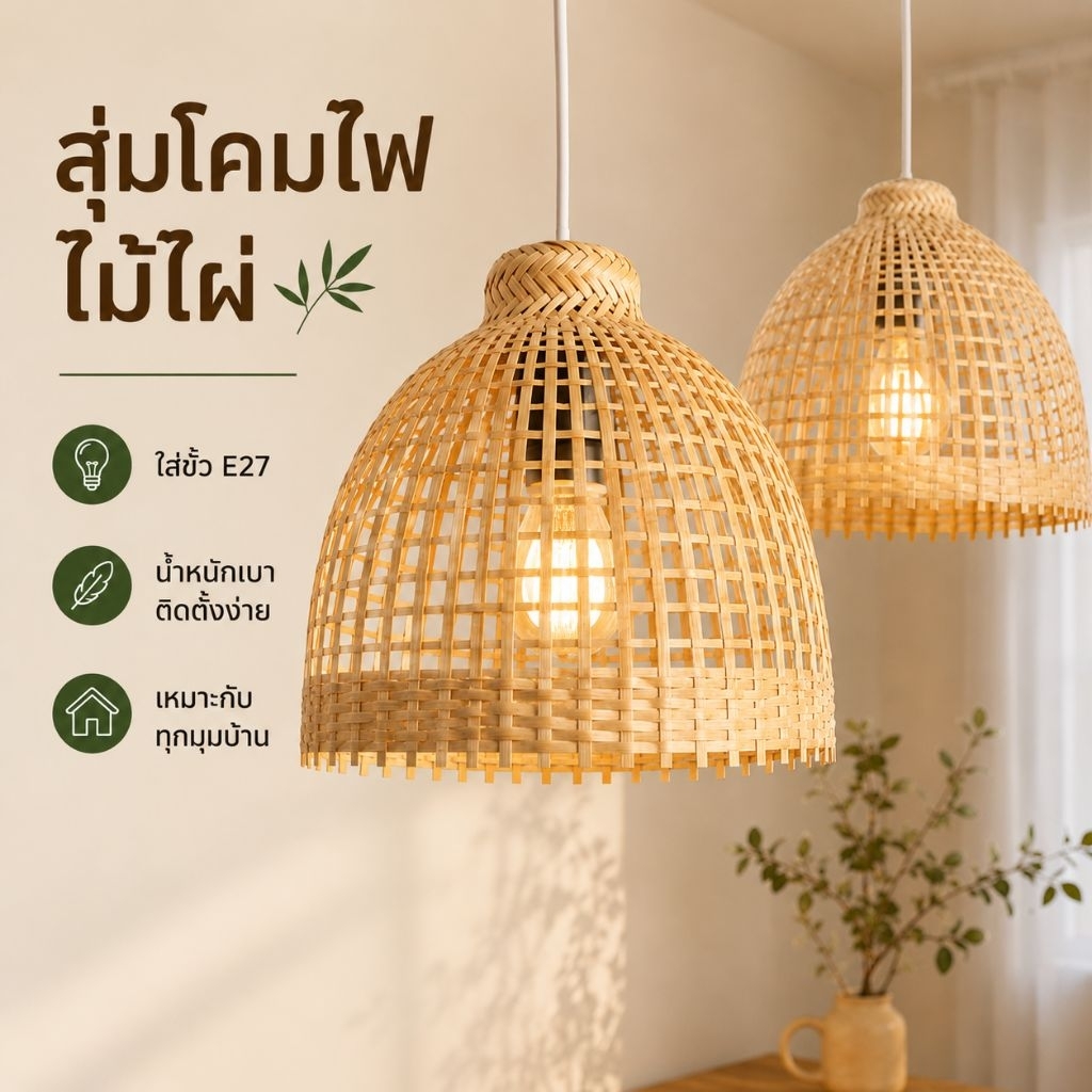 สุ่มโคมไฟไม้ไผ่ ขนาด 8 นิ้ว ใส่ขั้วE27ได้ เคลือบวานิช