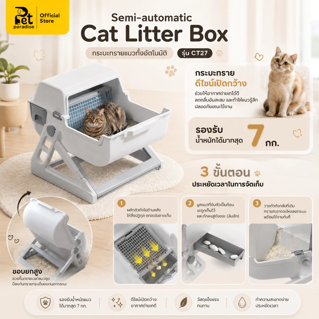 [PetParadise.th] กระบะทรายแมวกึ่งอัตโนมัติ รุ่นCT27 สไตล์มินิมอล กระบะทรายแมว ใช้งานง่าย แยกอึแมวไว รองรับน้ำหนัก 7kg
