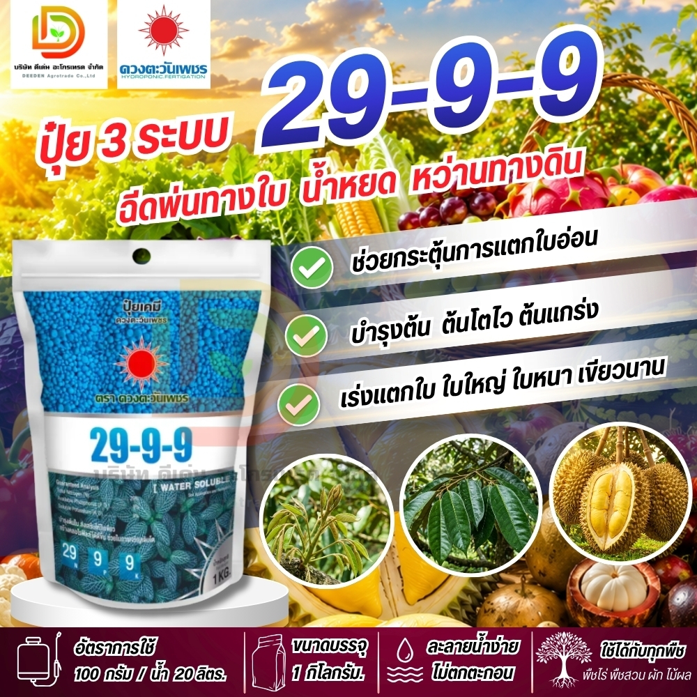 ปุ๋ย 29-9-9 (แบรนด์) ขนาด 1 กิโลกรัม ใช้บำรุงต้นใบ ช่วยในการเจริญเติบโต ดวงตะวันเพชร