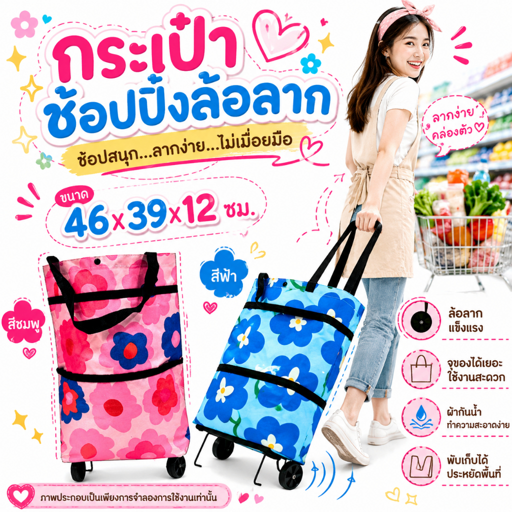 กระเป๋าช้อปปิ้งล้อลาก ขนาด 46x39x12 ซม. มี 2 สี ให้สะสม
