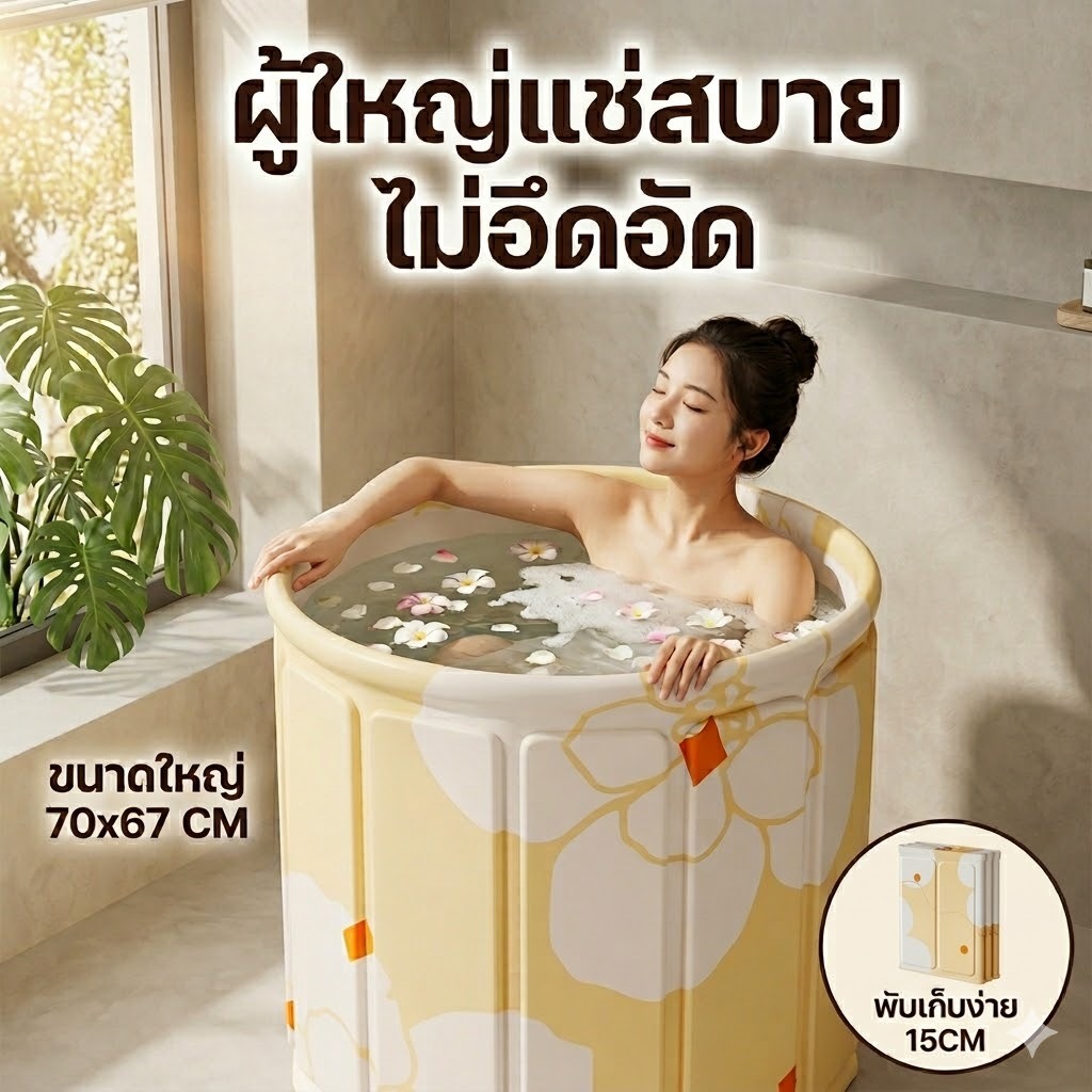 อ่างอาบน้ำพับได้ 70x67CM สำหรับผู้ใหญ่ อ่างแช่น้ำพกพา หนา 7 ชั้น พร้อมเบาะ ระบายน้ำง่าย สำหรับบ้าน