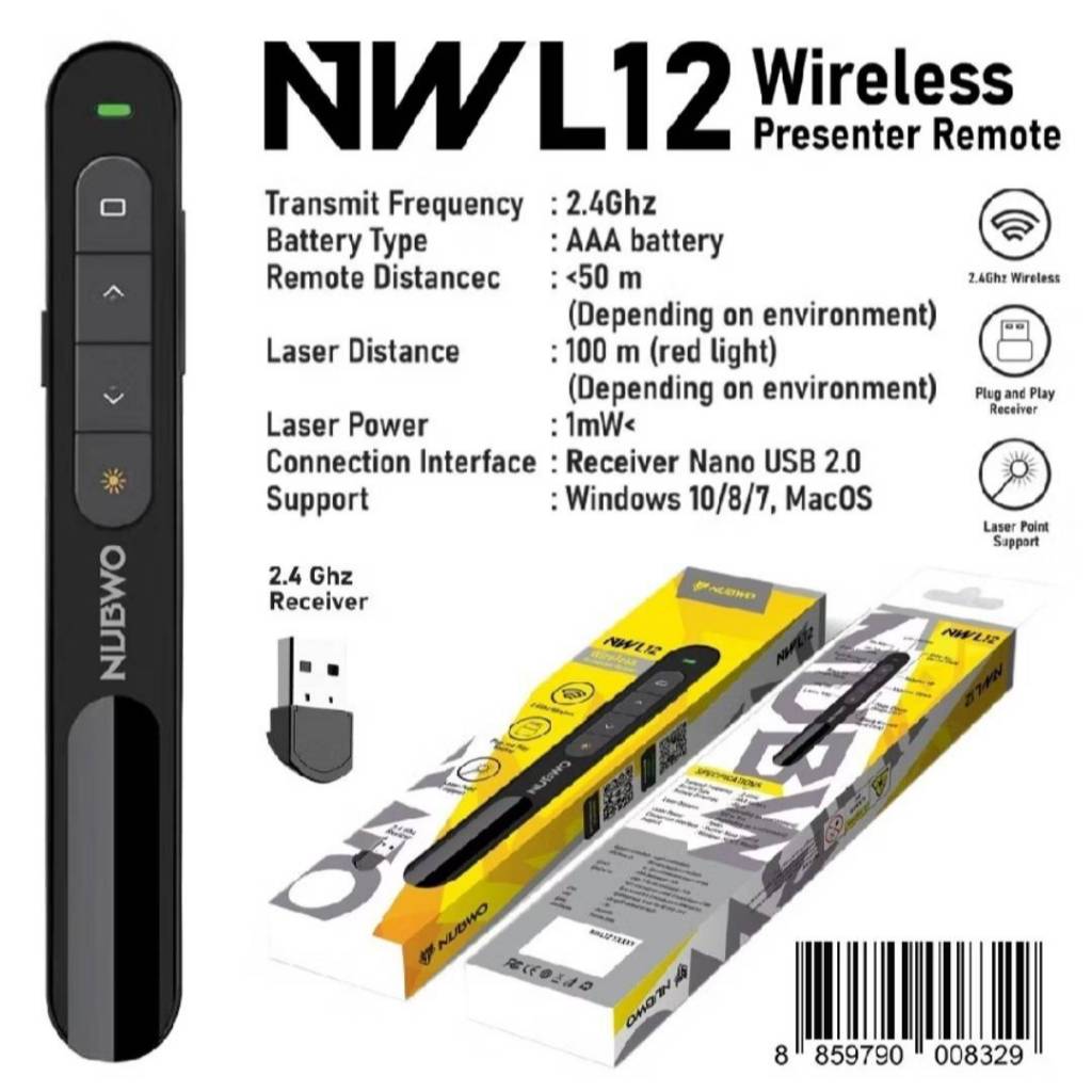 NUBWO NWL012 PRESENTER REMOTE รีโมทพ้อยเตอร์ ควบคุมคำสั่งไร้สาย 2.4Ghz NUBWO WIRELESS LASER POINTER 
