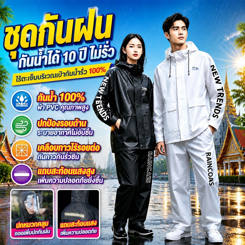 เฉพาะใช้ในวันพายุไต้ฝุ่น ชุดกันฝนแยกส่วน เสื้อกันฝนแบบสองชิ้น ชุดกันฝนแฟชั่น มีแถบสะท้อนแสง เสื้อกันฝน ชุดเสื้อกันฝนและก