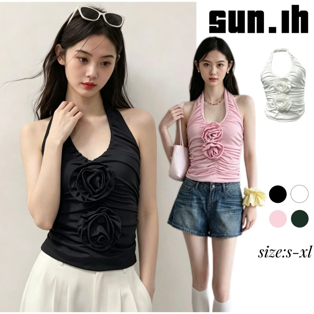 SUN พร้อมส่ง เสื้อครอปสายคล้องคอสีชมพูสดใส ลายดอกไม้ 3 มิติ ระบาย สำหรับผู้หญิง
