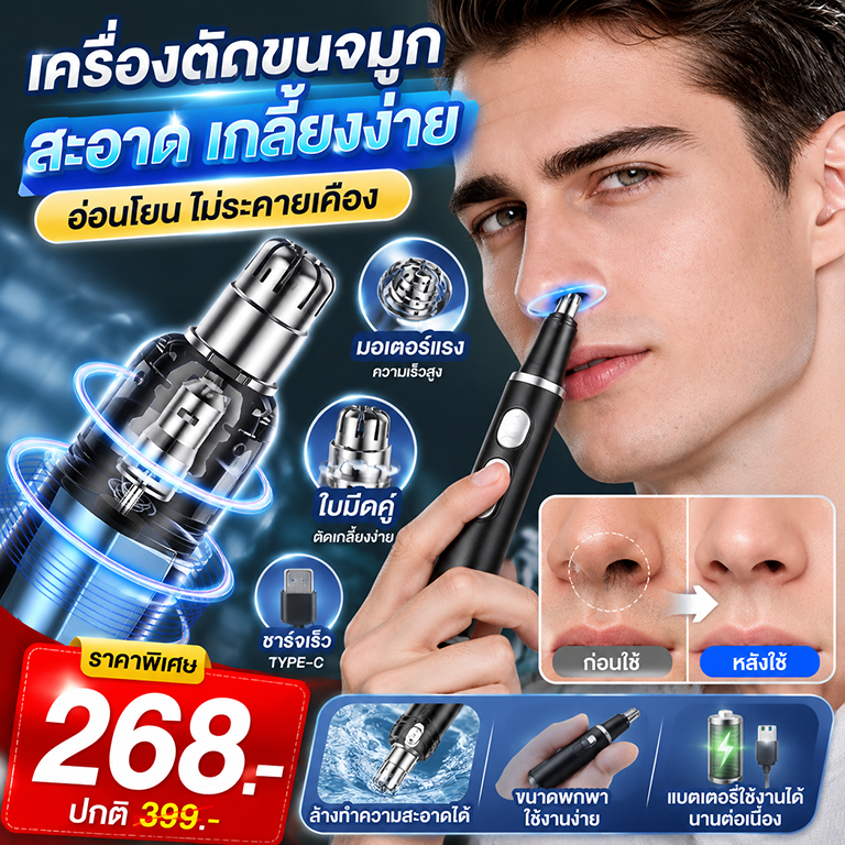 🔥เครื่องตัดขนจมูกไฟฟ้า✨ ไร้สาย ชาร์จ USB ตัดขนจมูกไม่เจ็บ ใบมีดคู่ มืออาชีพ กันจอน 360° กันน้ำ พกพาสะดวก