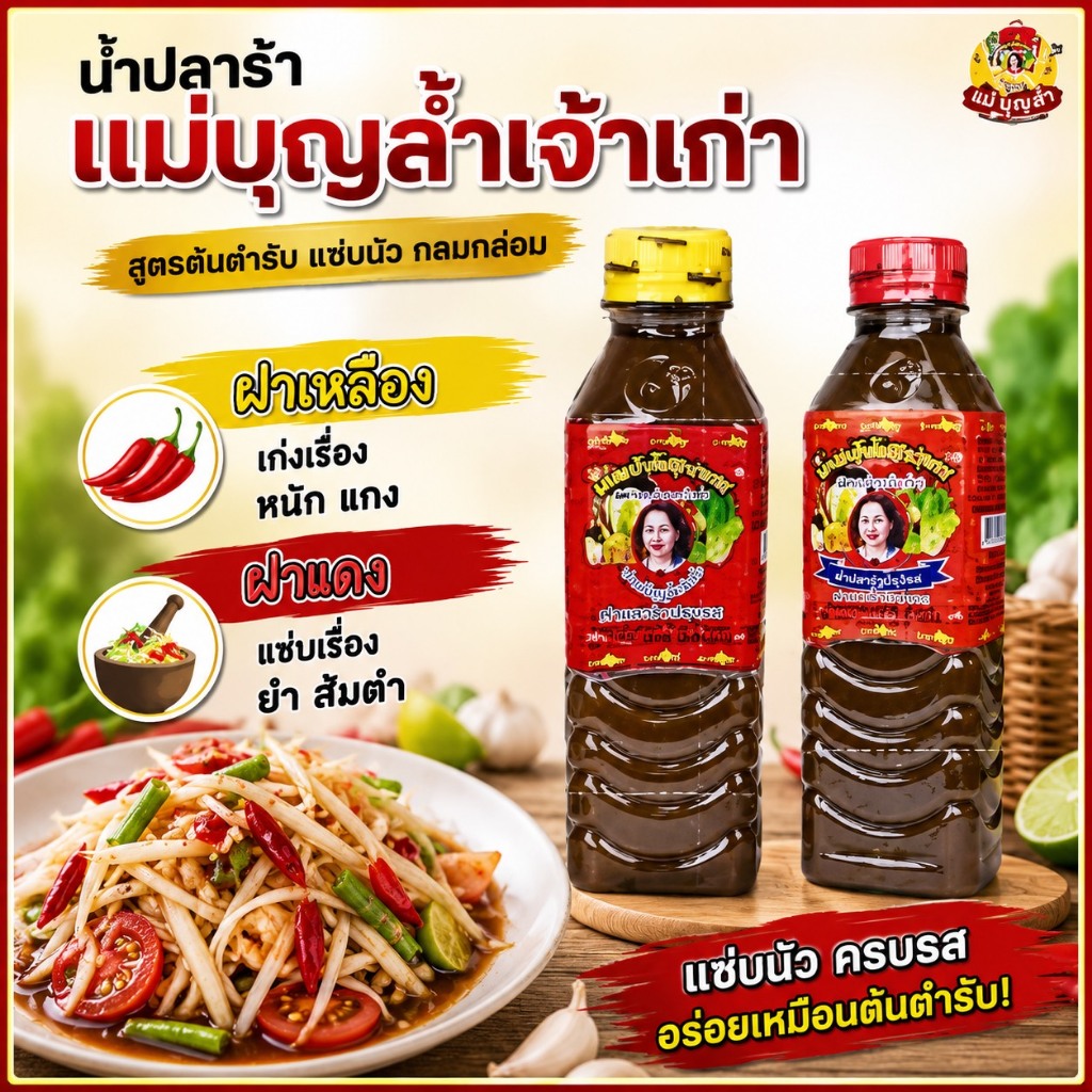 แม่บุญล้ำ น้ำปลาร้าต้มสุกปรุงรส ฝาแดง ฝาเหลือง 400 ml  น้ำปลาร้า สู้ปลาร้าไมค์ ปลาร้าหม่ำ ปลาร้าตำนัว แม่เหรียญได้เลย