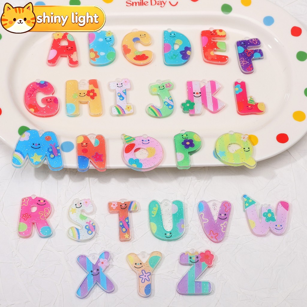 จี้ตัวอักษร AZ อะคริลิกพิมพ์ลายสีสัน 5ชิ้น/แพ็ค สำหรับทำพวงกุญแจ-สร้อยคอ DIY อุปกรณ์