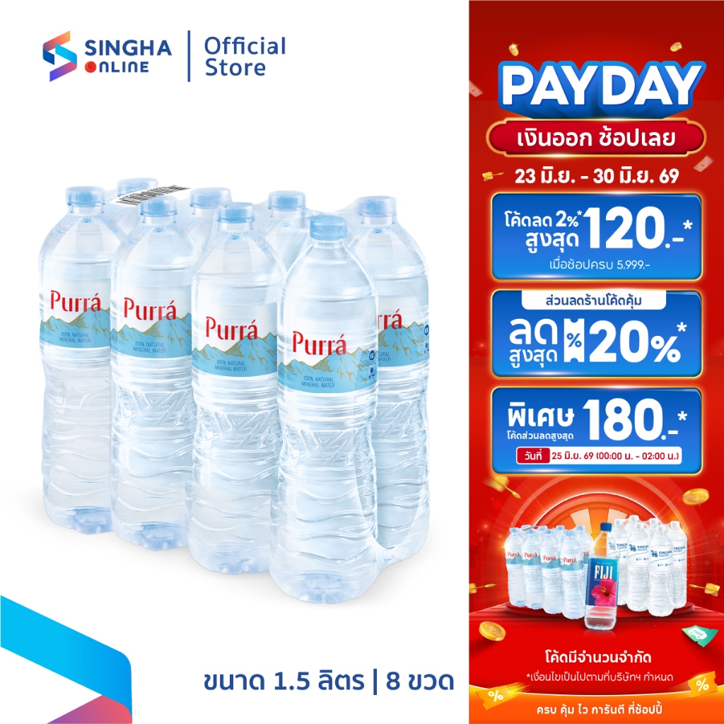 [ส่งในกทม.และปริมณฑล อยุธยา เชียงใหม่ ลำพูน] Purra Mineral Water น้ำแร่เพอร์ร่า 1.5 ลิตร 8 ขวด (15 แพ็ค รวม 120 ขวด)