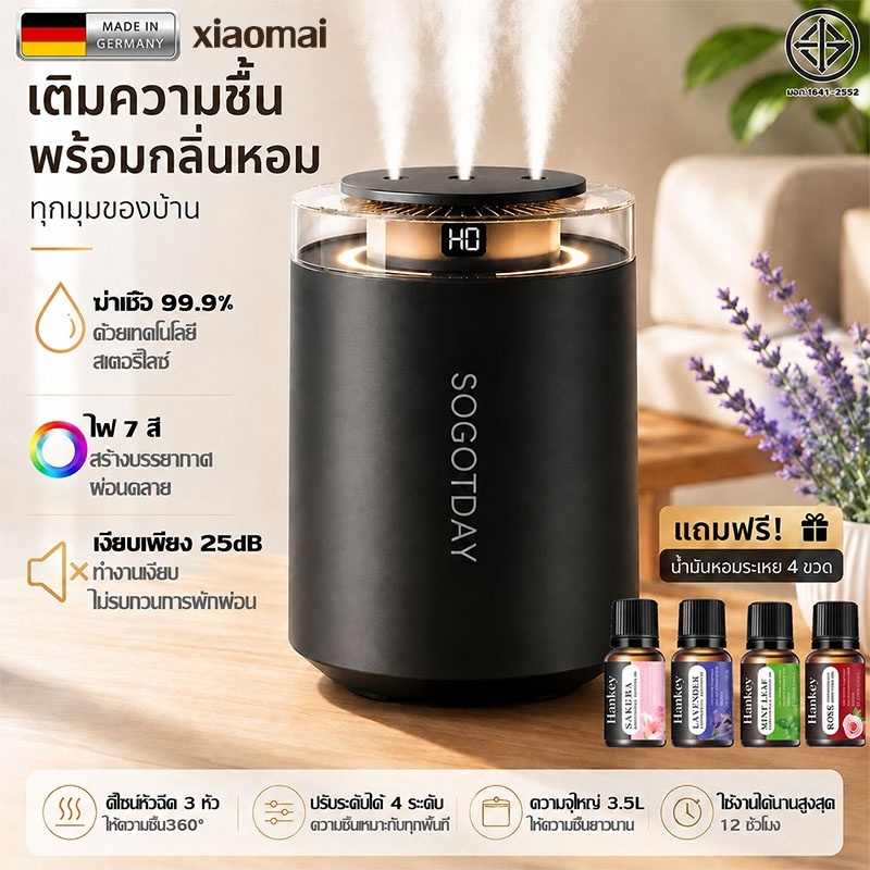 Xiaomai เครื่องพ่นอโรม่า เครื่องพ่น 3.5L ดีไซน์หัวฉีด 3 รู เพิ่มความชื้น 3 เท่า ทำงานเงียบ แสดงผลดิจิทัล+ไฟกลางคืน