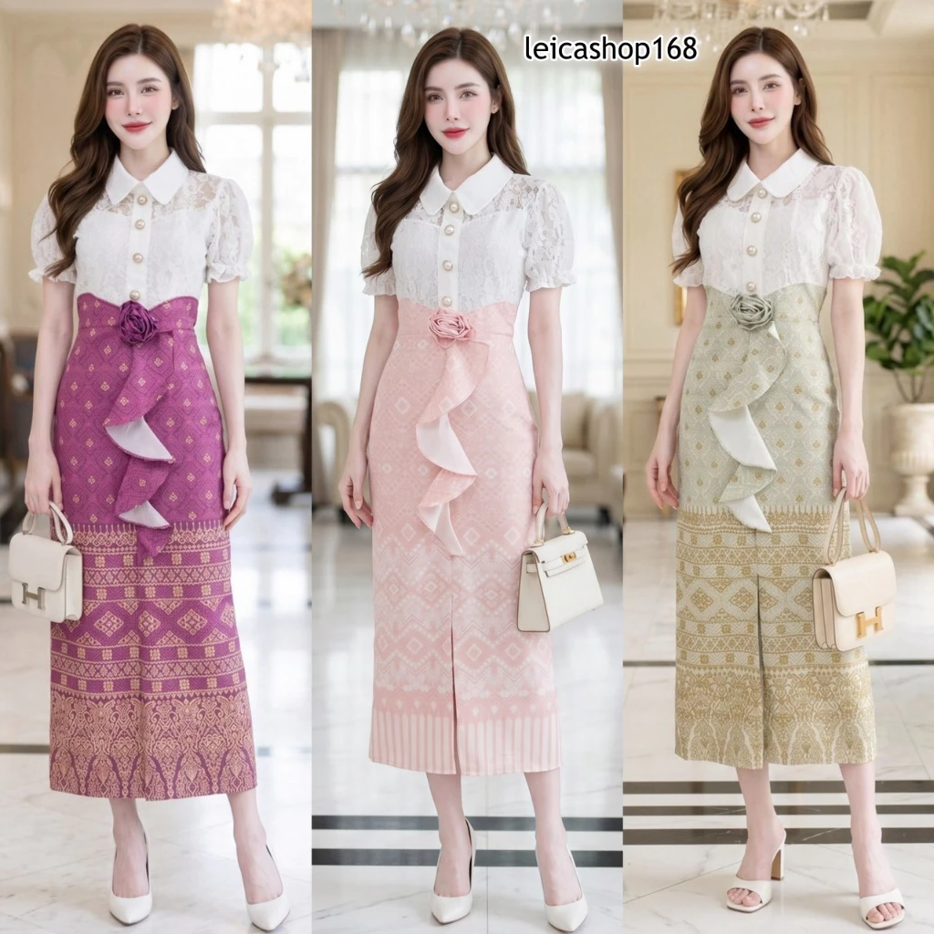 สินค้าพร้อมส่ง ชุดเดรสไทย ประยุกต์ ผ้าครัชพิมพ์ลาย คอปก แขนตุ๊กตา แต่งผ้าลูกไม้ ติดกระดุม ซิปหลัง ผ่าหน้า แต่งดอกกุหลาบ
