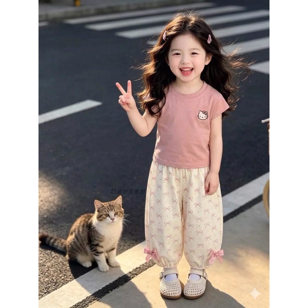 ชุดเซ็ตแฟชั่นลูกสาว งานปัก Kitty กางเกงลายโบว์แต่งโบว์ 3D