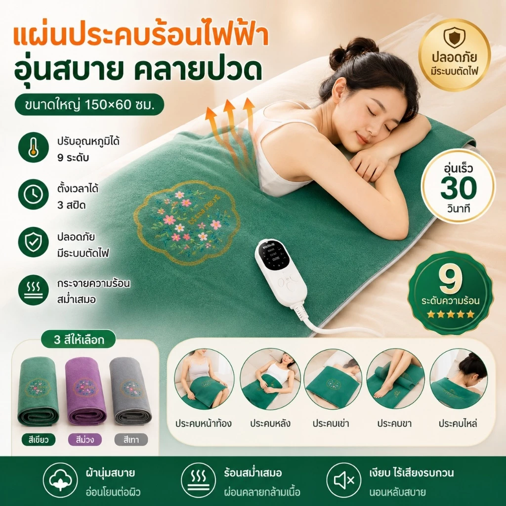🚨ส่งด่วน 12 ชม 🔥 ร้อนเร็ว5วิ ผ้าห่มไฟฟ้า 150x60cm | บรรเทาปวดหลัง-ประจำเดือน-ตะคริว✨ ปรับอุณหภูมิได้ ส่งด่วน