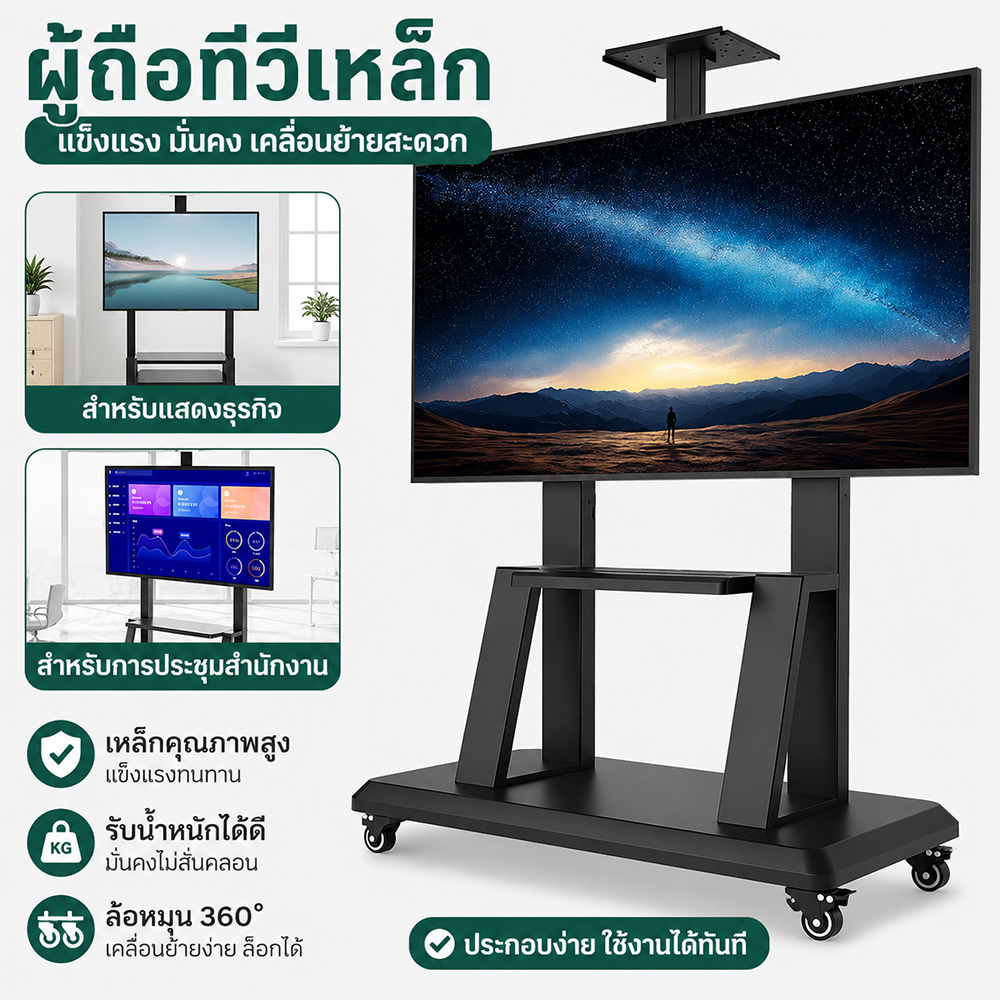 ขาตั้งทีวีวางพื้น ปรับระดับความสูงได้ รองรับน้ำหนัก X กก. โครงสร้างเหล็กแข็งแรง ทนทาน ติดตั้งง่าย พร้อมชุดอุปกรณ์ครบชุด