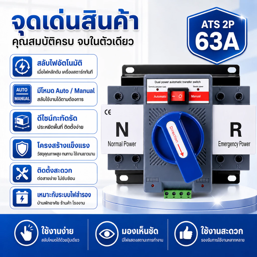 ATS Automatic Transfer Switch 2P 63A สวิตช์สลับไฟหลักไฟสำรอง Auto Manual 1 เฟส สวิตช์สลับแหล่งจ่ายไฟอัตโนมัติ ไฟหลัก ไฟส