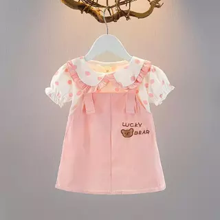 🎀 ชุดเดรสเด็กผู้หญิงลายจุด พร้อมเสื้อคอบัว แต่งหมีน่ารัก สไตล์เจ้าหญิง ใส่สบาย น่ารักสดใส 0-2ปี