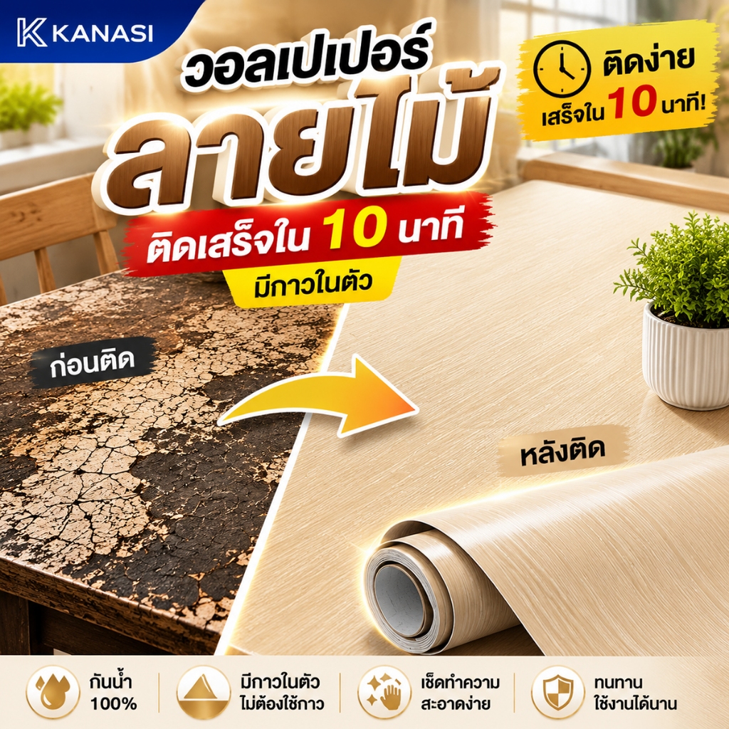สติ๊กเกอร์ลายไม้ มีกาวในตัว PVC กันน้ำ ติดง่าย ลอกติดได้เอง สำหรับห้องนอน ห้องครัว พร้อมส่ง รับCOD