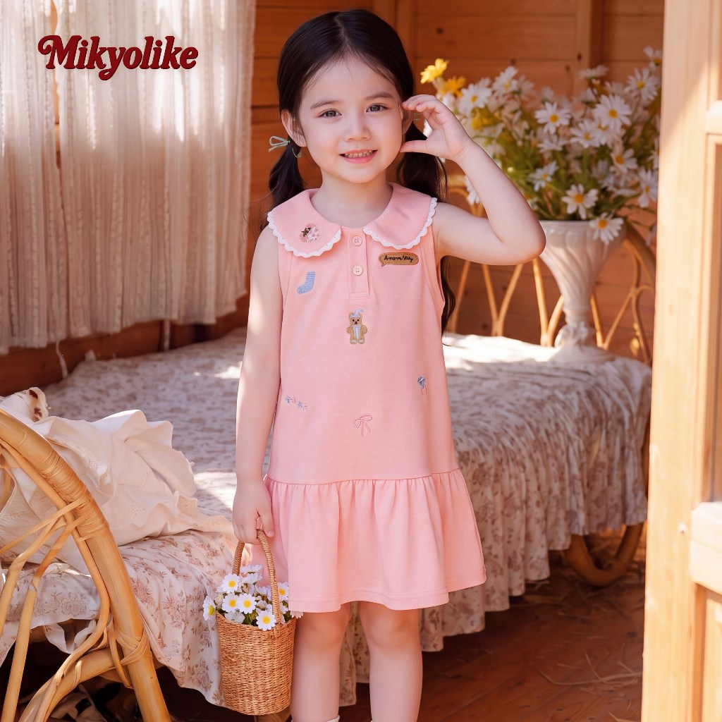 Mikeyolike 2-12 ปี ชุดเจ้าหญิงสีชมพูเด็ก แขนกุด ปกคอระบาย ลายการ์ตูน กระโปรงพริ้ว ชุดเดรสเด็กผู้หญิง