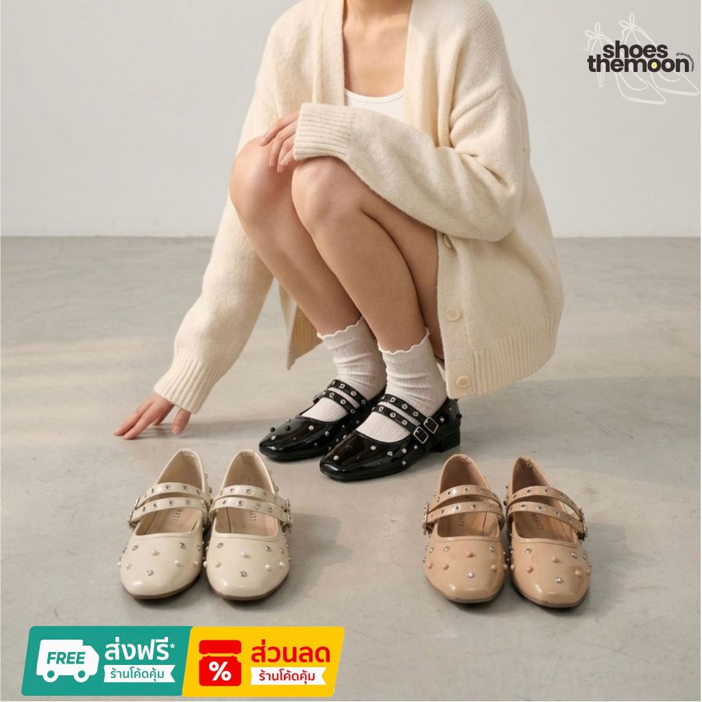 Shoes The moon รุ่น รองเท้าแฟชั่นประดับมุกและเพชร ผ้าแก้ว GZ23544