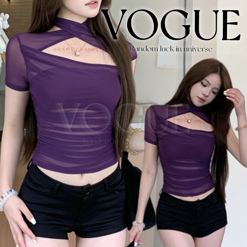 Vogue🌟พร้อมส่ง🌟 เสื้อซีทรูดีเทลเว้าอก เข้ารูปสไตล์เซ็กซี่ ผ้าบางเบาใส่สบาย สุดสวยแมตทุคลุค (FY9283)