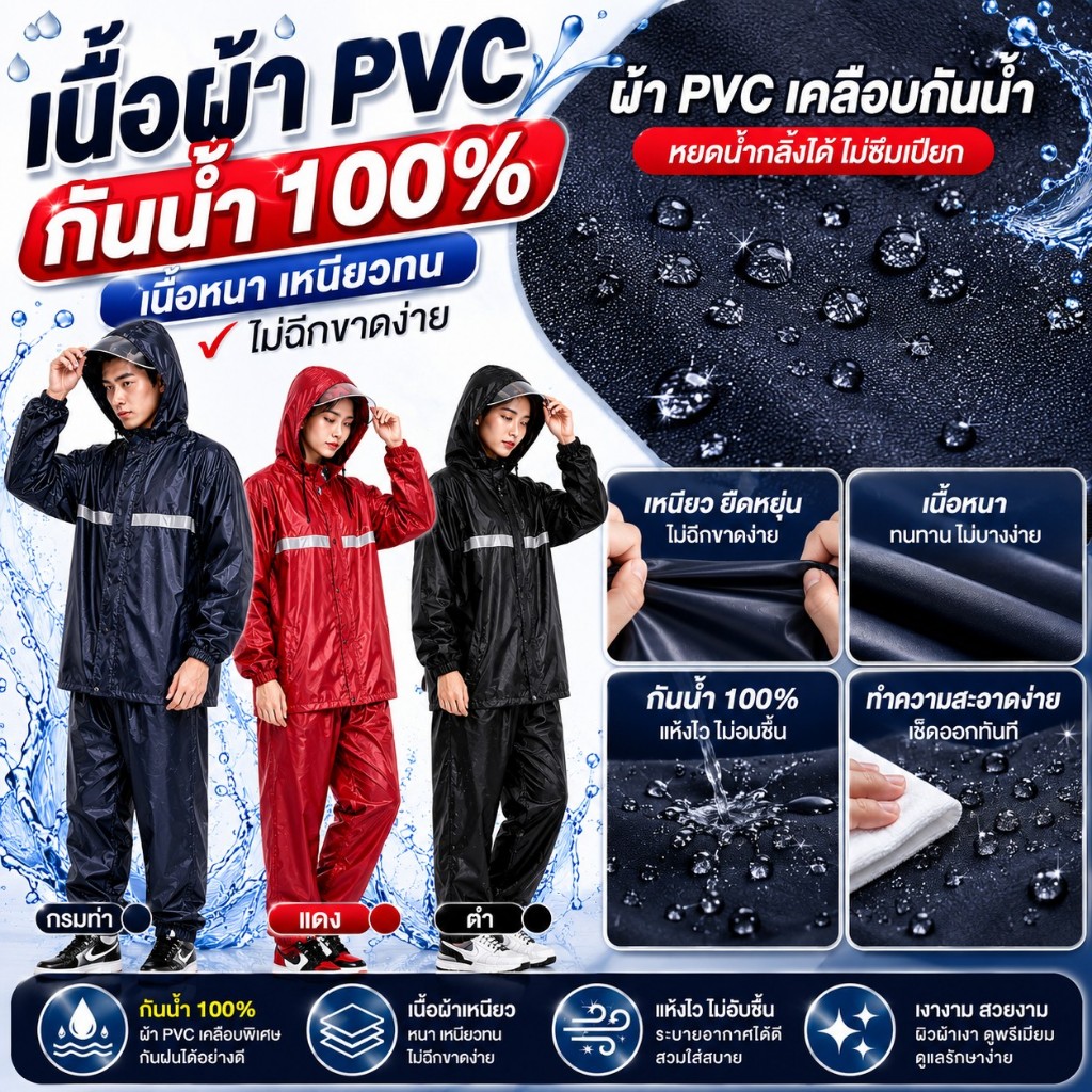 At.Houseone ชุดกันฝน เสื้อ+กางเกง กันน้ำ 100% เนื้อผ้า รูปที่ 8