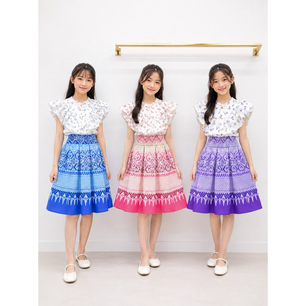 (ใหม่)ชุดไทยประยุกต์เด็กโต เสื้อลายดอกไม้อัดลายนูน เนื้อนุ่ม ไม่คันลายสวยละมุนมาก