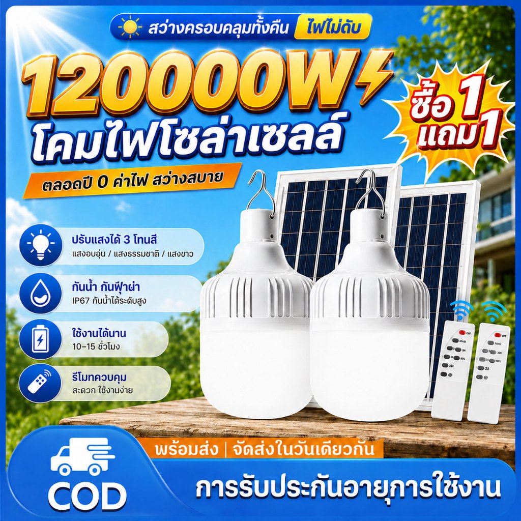 ไฟโซล่าเซลล์ 100000W โซล่าเซลล์ หลอดไฟ โซล่าเซลล์ LED ไลท์แสงสีขาวกันน้ำ และกันฝุ่นละออง ชาร์จไฟอัตโนม