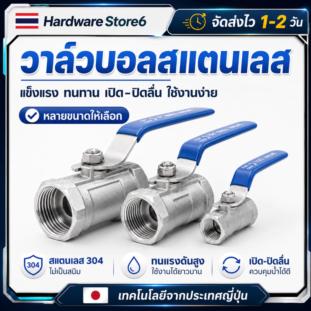 Hardware Store6 จัดส่งภายใน 24 ชม. COD บอลวาล์วสแตนเลส304 เกลียวใน 1/4-1.1/2นิ้ว เปิดปิดลื่น ทนแรงดัน ไม่เป็นสนิม งานน้ำ