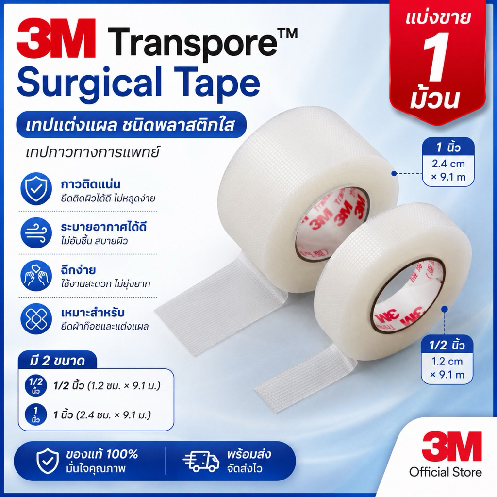 3M Transpore Surgical Tape เทปแต่งแผล ชนิดพลาสติกใส เทปกาวทางการแพทย์ (ขนาด 1 นิ้ว, 1/2 นิ้ว) แบ่งขายราคาต่อ 1 ม้วน