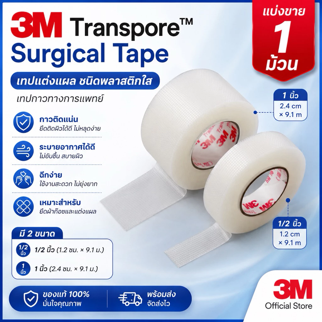 3M Transpore Surgical Tape เทปแต่งแผล ชนิดพลาสติกใส เทปกาวทางการแพทย์ (ขนาด 1 นิ้ว, 1/2 นิ้ว) แบ่งขายราคาต่อ 1 ม้วน