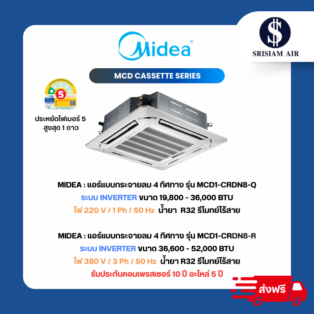Midea แอร์ฝังฝ้า 4ทิศทาง ระบบInverter รุ่น MCD1-CRDN8 ขนาด 19,800-52,000BTU  ฉลากประหยัดไฟเบอร์5  1ดาว จัดส่งฟรี