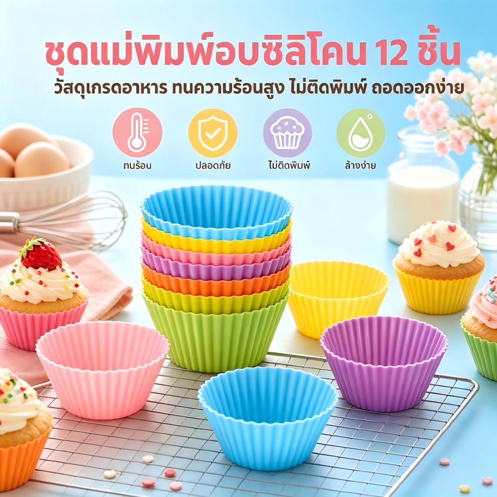 ถ้วยอบมัฟฟิน ซิลิโคนแม่พิมพ์ขนม วัสดุซิลิโคนเกรดอาหาร ขนาดปาก7ซม. ชุด12ชิ้น ทนความร้อน ไม่ติดพิมพ์